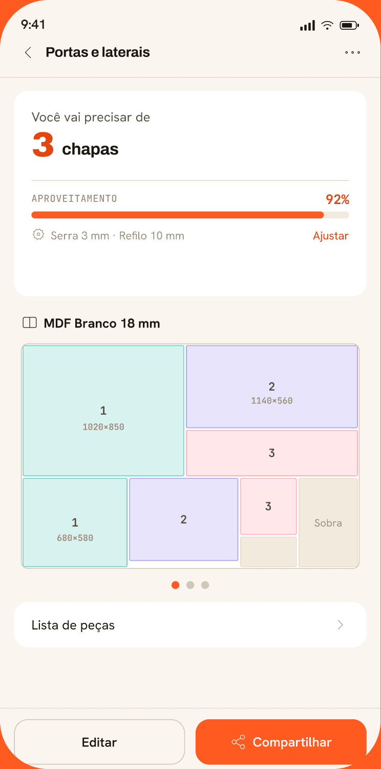 Resultado de corte de tablero de MDF: diagrama de nesting con piezas numeradas y 92% de aprovechamiento